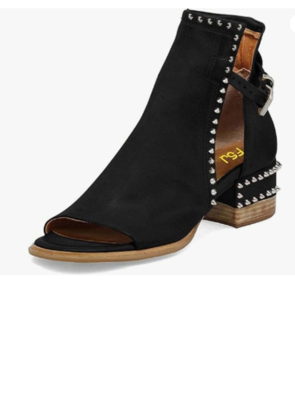 FSJ Black Rivets Peep Open Toe Cut Out Buckle Ankle Bootie Block Low Heel Sandal